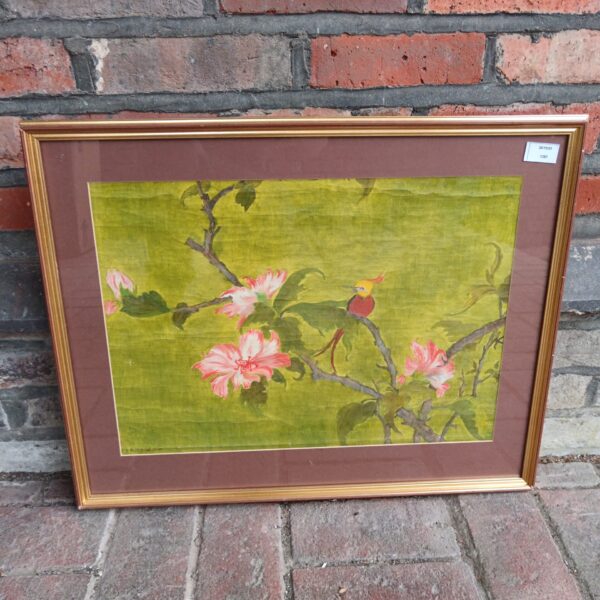 Vintage bird of paradise painting with floral details.