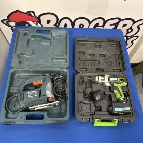 Power tool bundle featuring a Black & Decker jigsaw and Maplin drill.