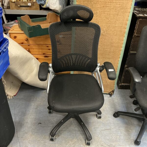 Black mesh office chair with adjustable height and swivel base.