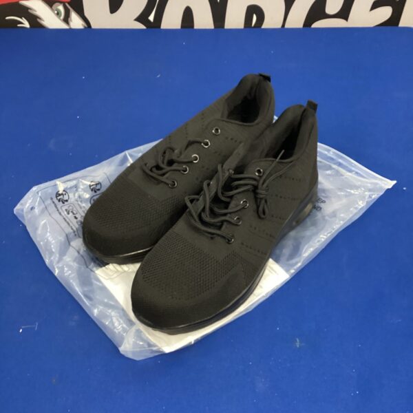 New black size 10 safety trainers for work and industrial use.