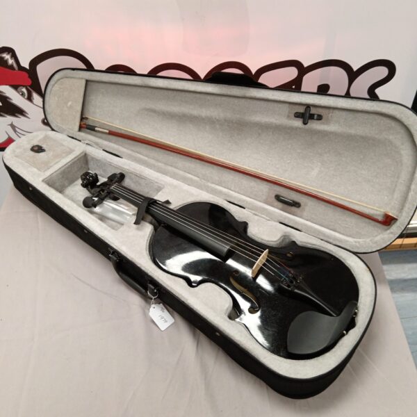 Black violin in open case with bow, complete set.