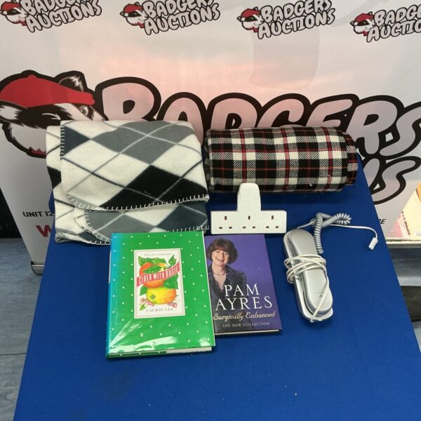 Mixed lot featuring a patterned blanket and a vintage thermos flask.