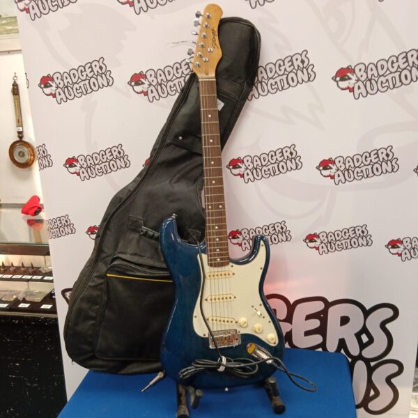 Blue Stagg electric guitar with case, musical instrument.