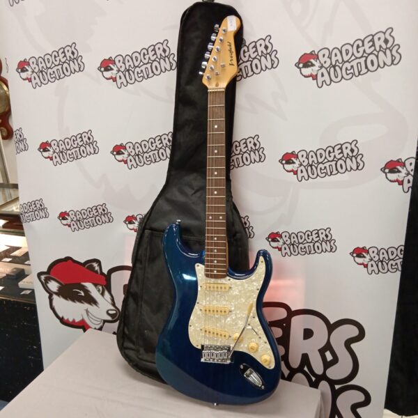 Blue Westfield electric guitar, a vintage-style musical instrument.