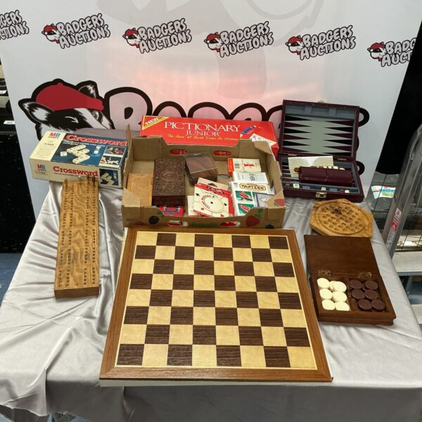 Vintage board game lot with chess and card games.