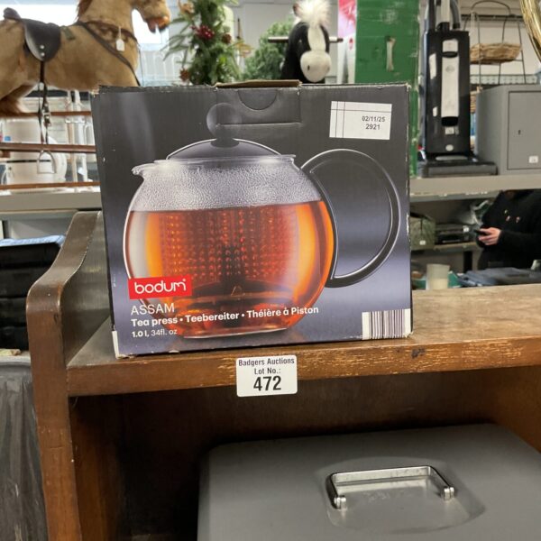 Boxed Bodum Assam tea press in original packaging.