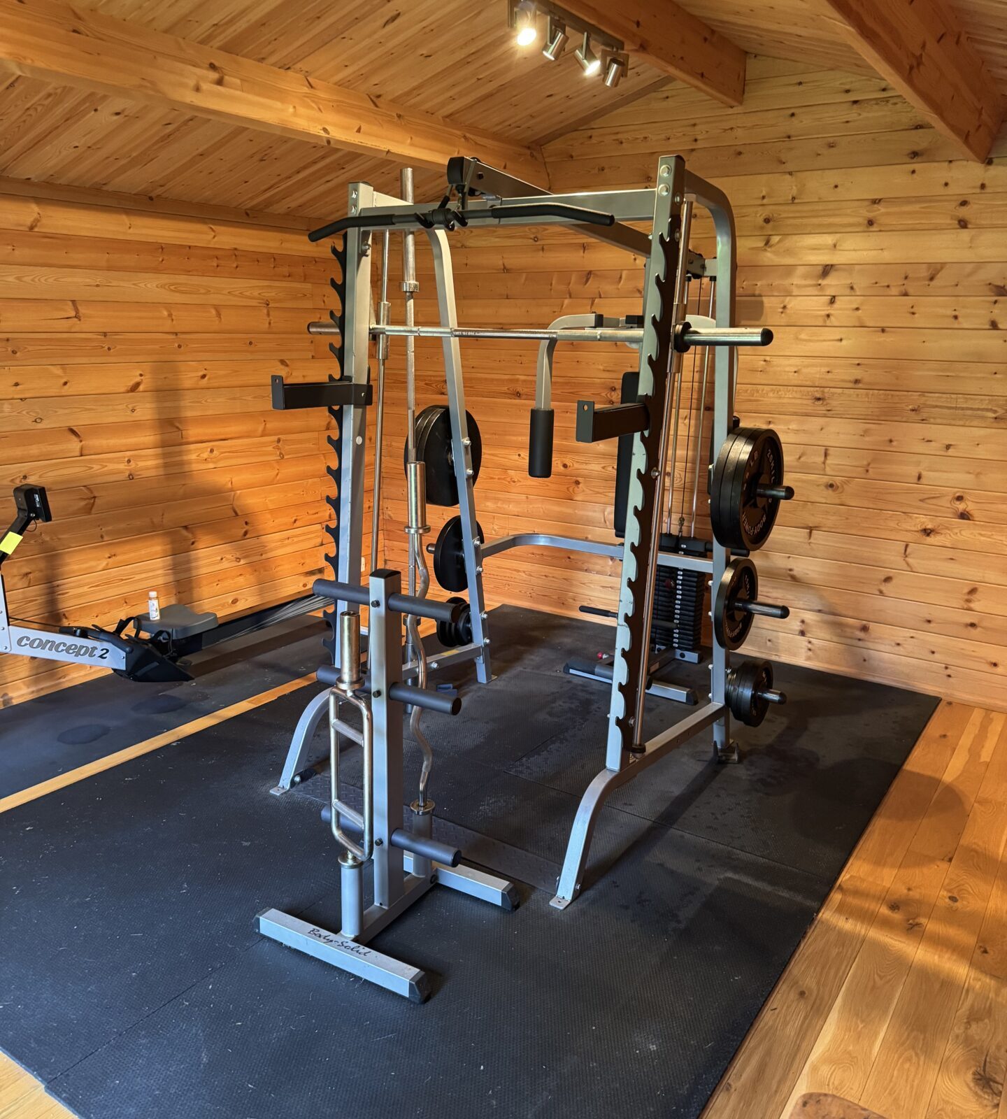 Large Body Solid multi gym in a home gym setting.