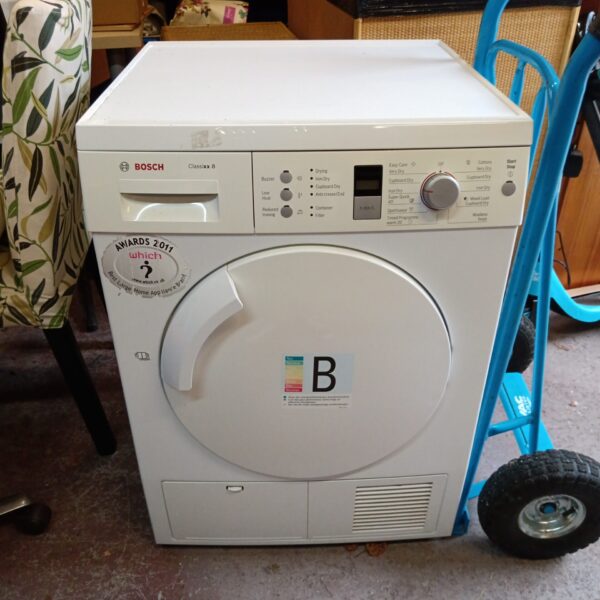 White Bosch Classixx 8 tumble dryer in used condition.