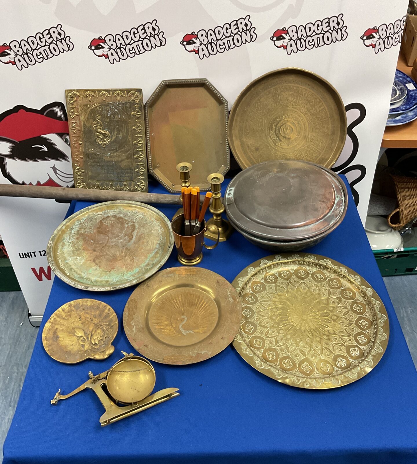 Antique brass and copper lot with Art Nouveau dish and bedpan.