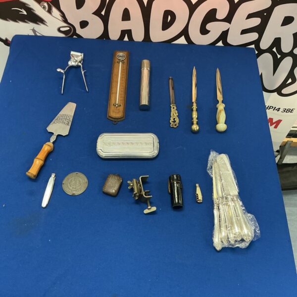 Vintage brass letter opener and mixed lot of curios.