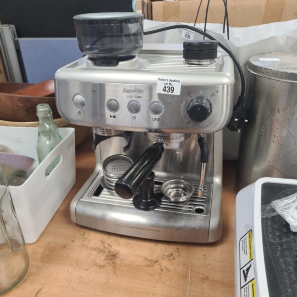 Stainless steel Breville Barista Max coffee machine for home use.