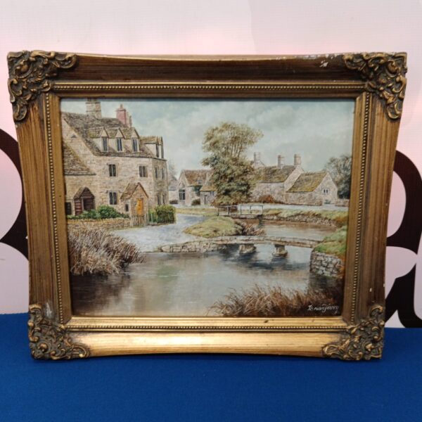 Brian Tovey oil painting of a Cotswold village scene, Lower Slaughter.