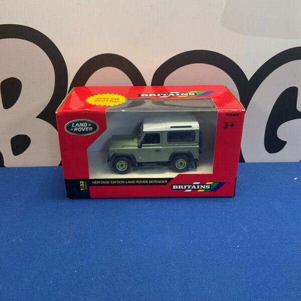 Boxed Britains Land Rover Defender Heritage Edition diecast model.