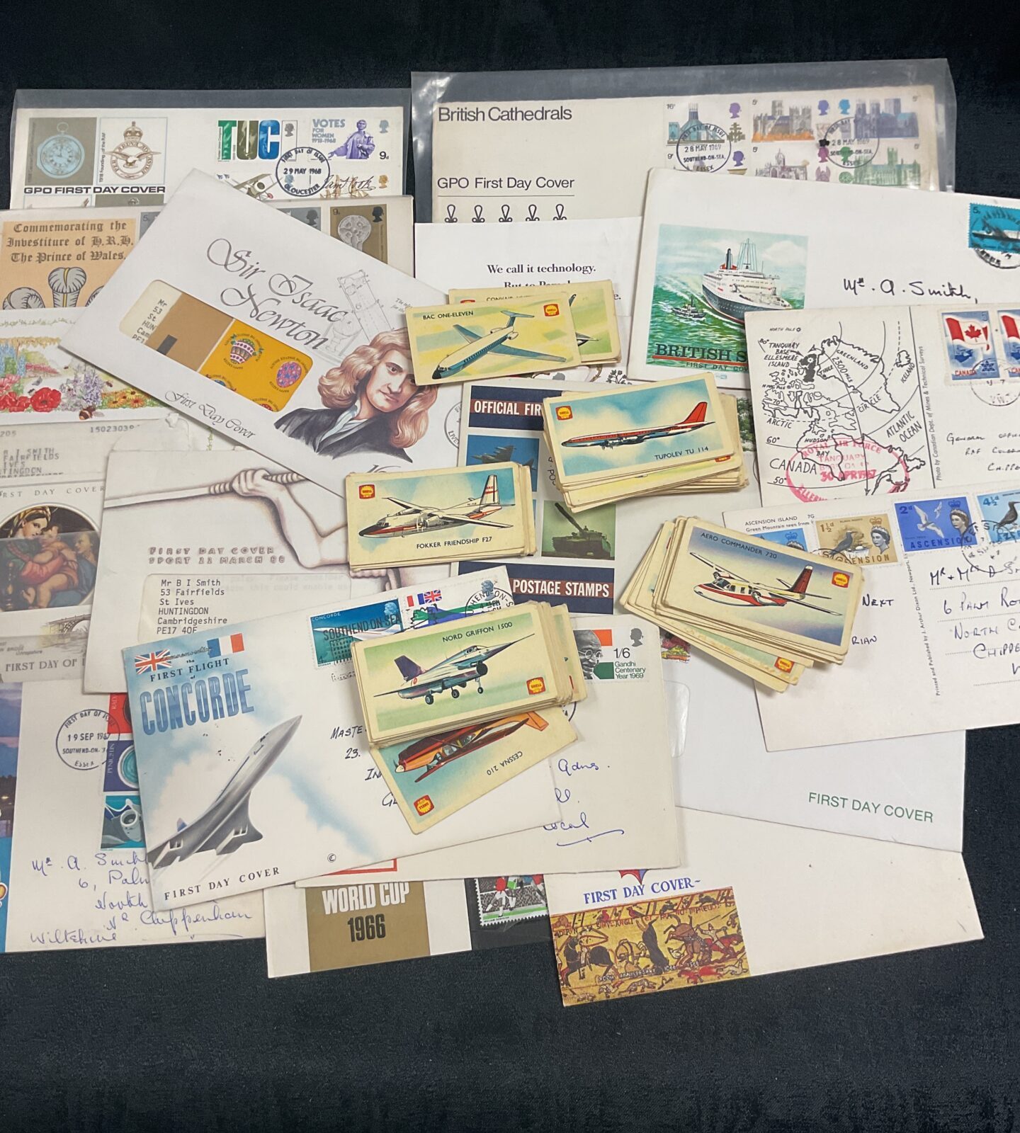 Vintage British First Day Covers and Shell Aircraft Cards collection for collectors.
