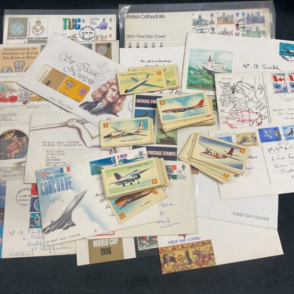 Vintage British First Day Covers and Shell Aircraft Cards collection for collectors.