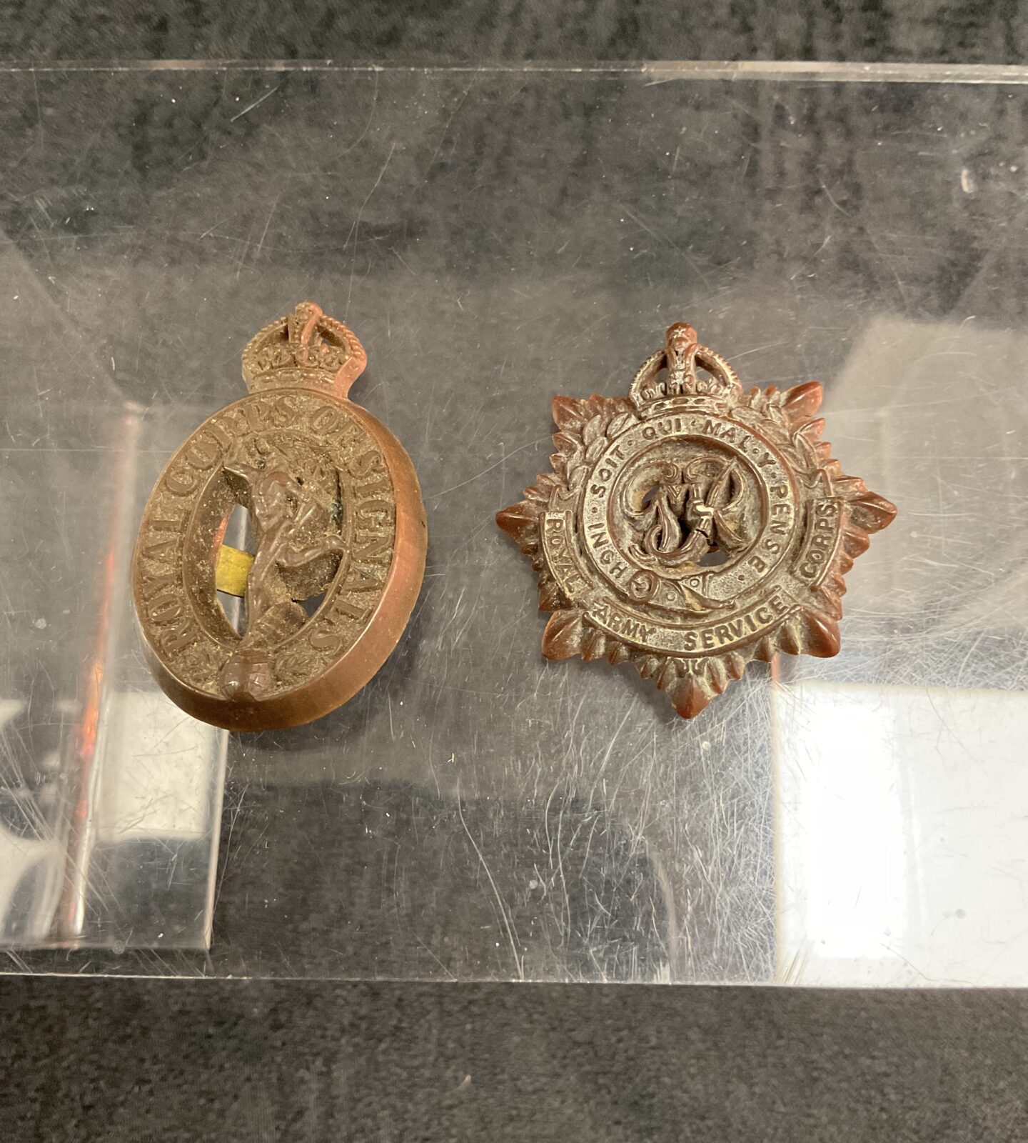 WWII British Royal Corps of Signals cap badge, vintage military insignia.
