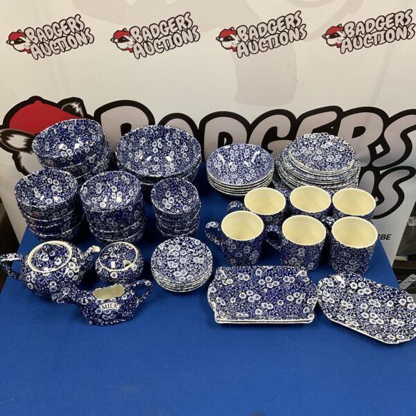 Vintage Calico Burleigh Staffordshire tea set in blue and white.