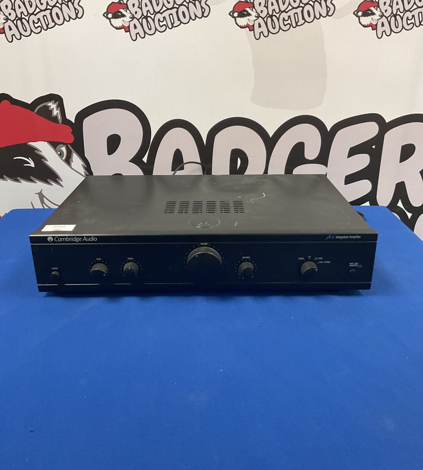 Front view of a vintage Cambridge Audio amplifier.