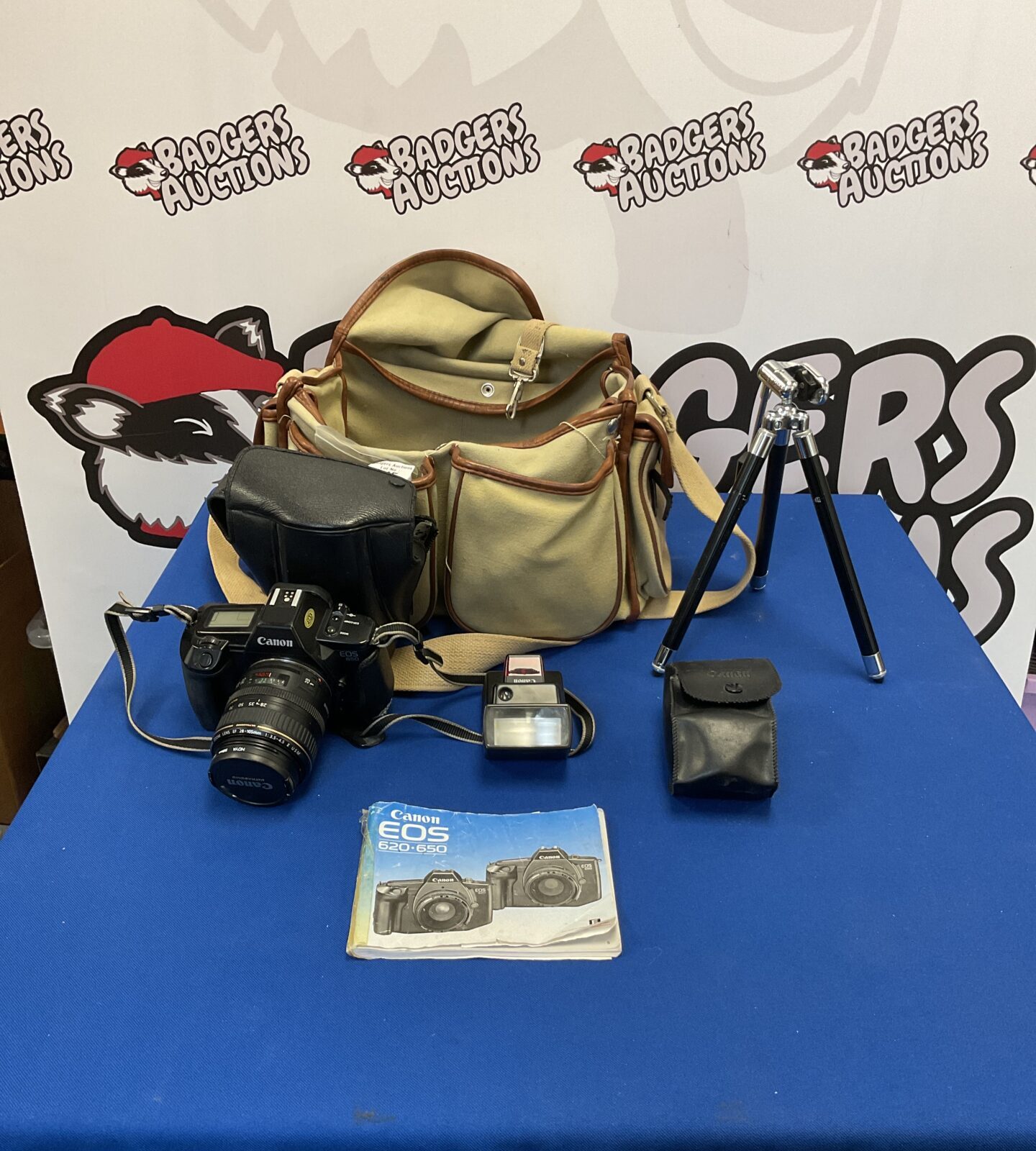 Canon EOS camera with flash and tripod in carry bag.