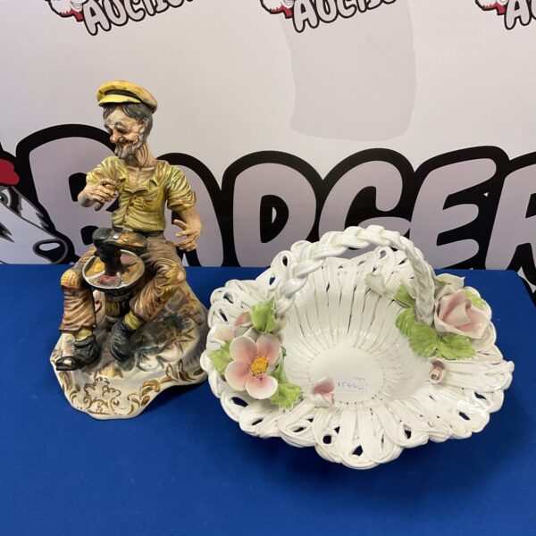 Vintage Capodimonte figurine and floral fruit bowl, detailed Italian porcelain.