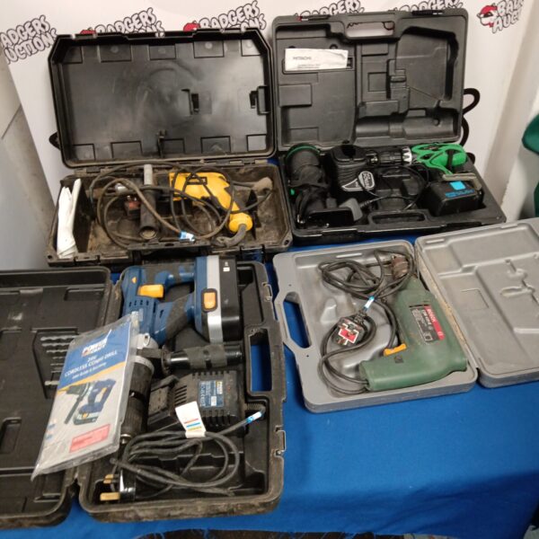 Cased power tools lot including DeWalt and Hitachi brands.