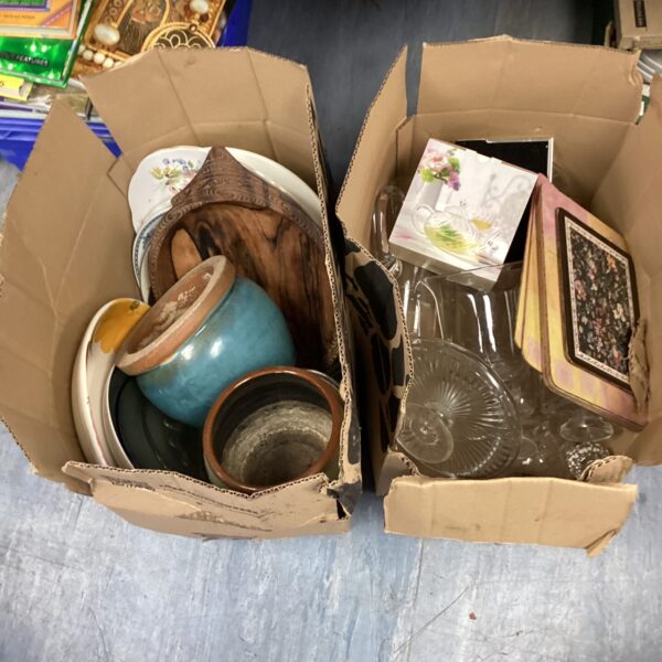 Mixed lot of vintage ceramic planters and dinnerware for garden or home.