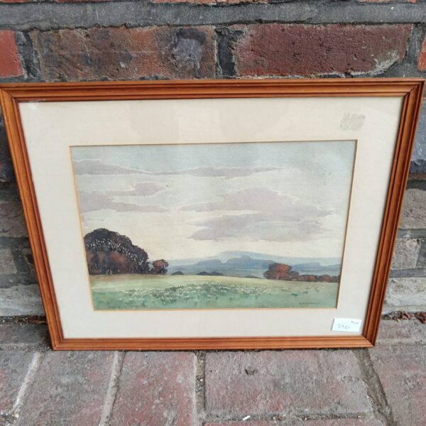 Signed watercolour painting of Chaldon Evening countryside landscape by W A Funnell.