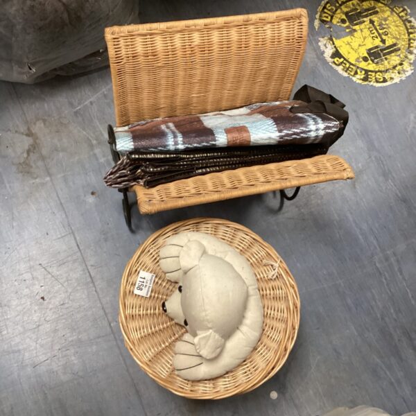 Vintage child's wicker wash bin set with magazine rack and bags.