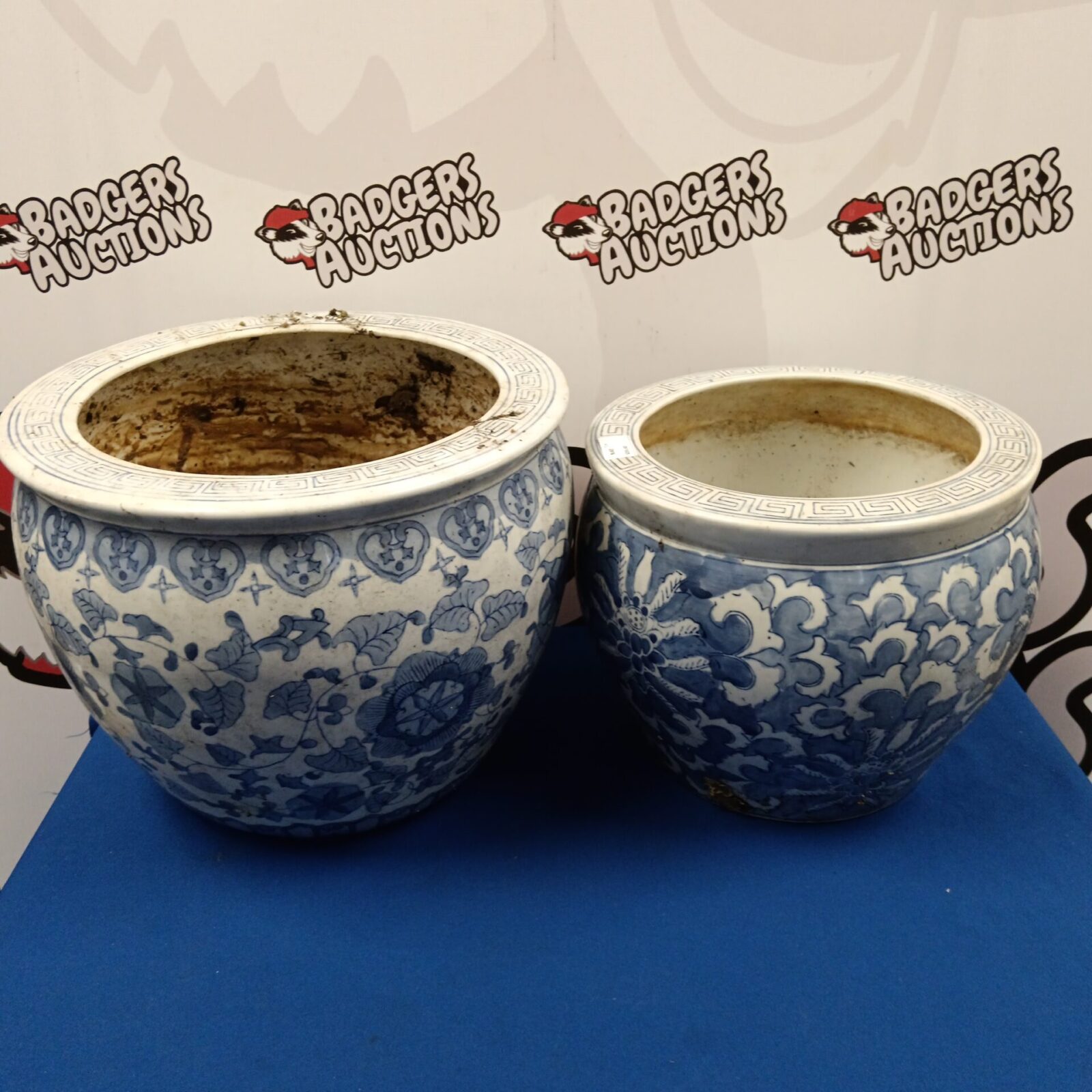 Antique Chinese blue and white jardiniere with floral design.