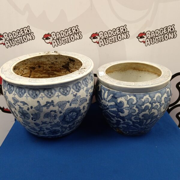 Antique Chinese blue and white jardiniere with floral design.