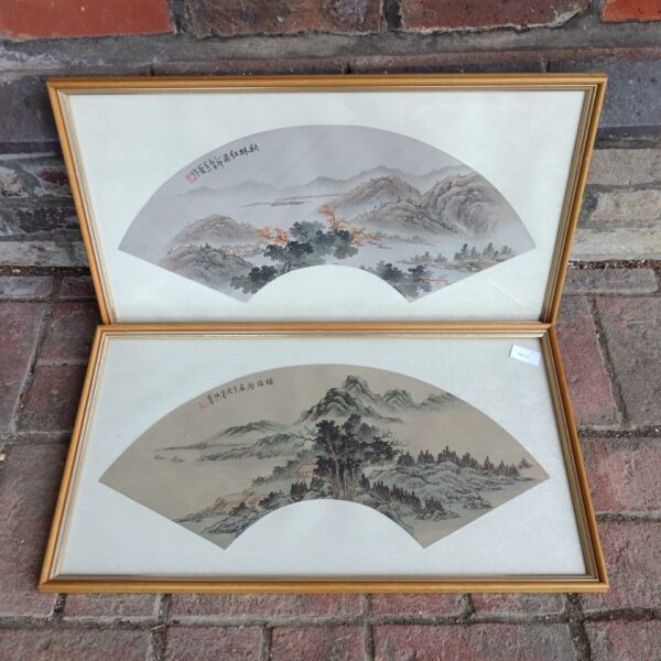 Pair of antique Chinese fan watercolours depicting a mountain landscape.