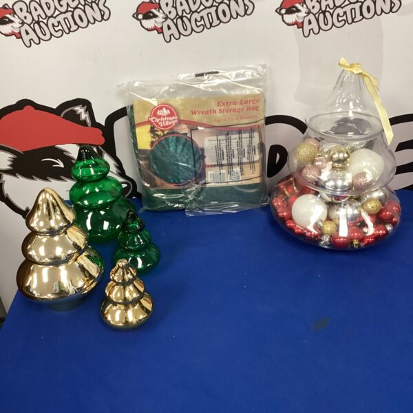 Colourful Christmas baubles, wreath bag and glass trees in a bundle.