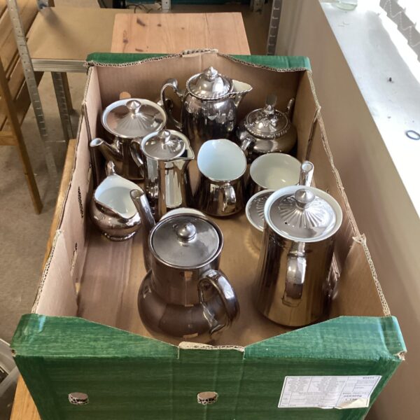 Vintage chrome tea and coffee set with Royal Worcester pieces.