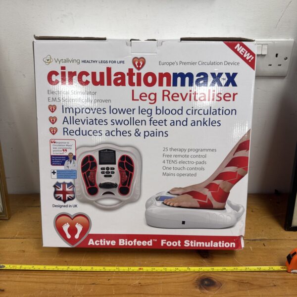 Circulationmaxx leg revitaliser machine with control panel and pads.