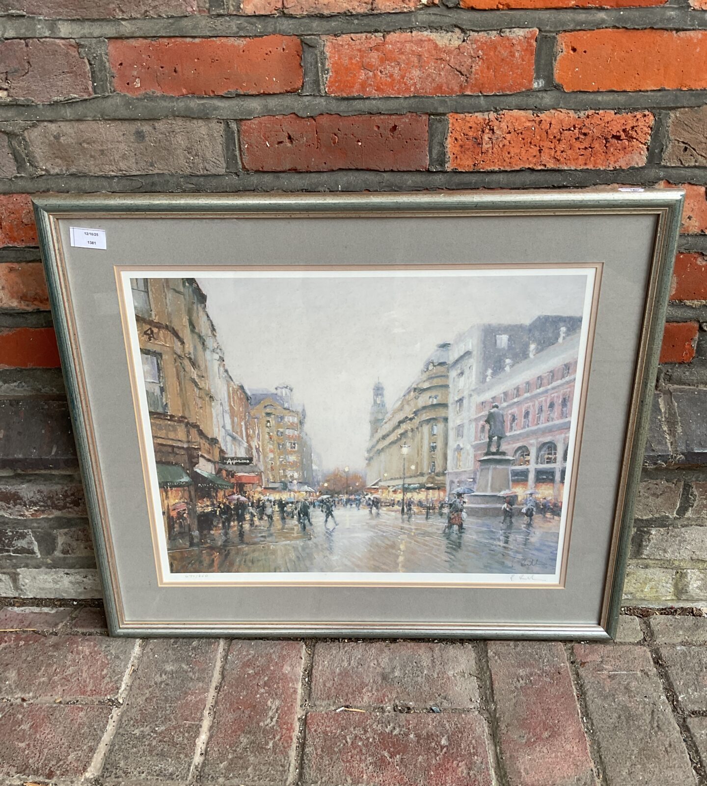 Signed limited edition cityscape print of a rainy street scene.