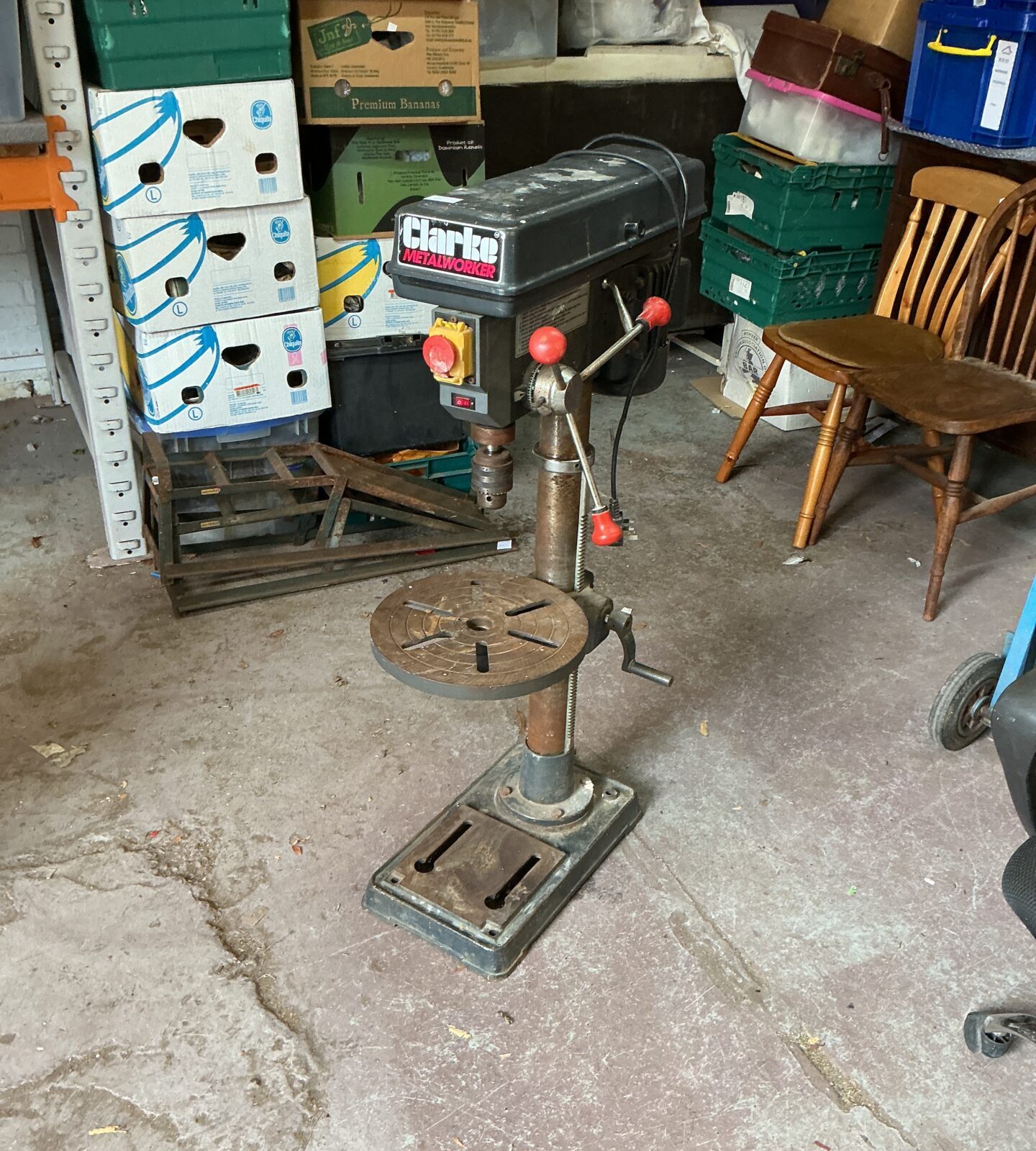 Clarke Metal Worker pillar drill in a workshop setting.