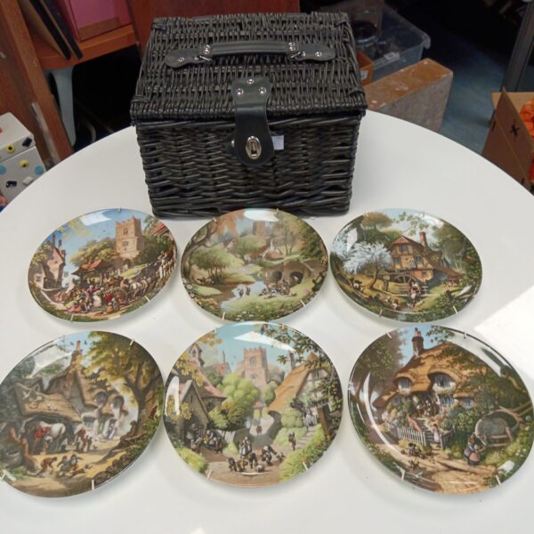 Set of six Coalport Tales of a Country Village collectible plates displayed.