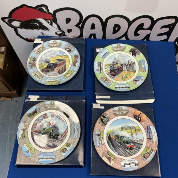 Set of four Coalport Feats of Engineering collector plates in boxes.