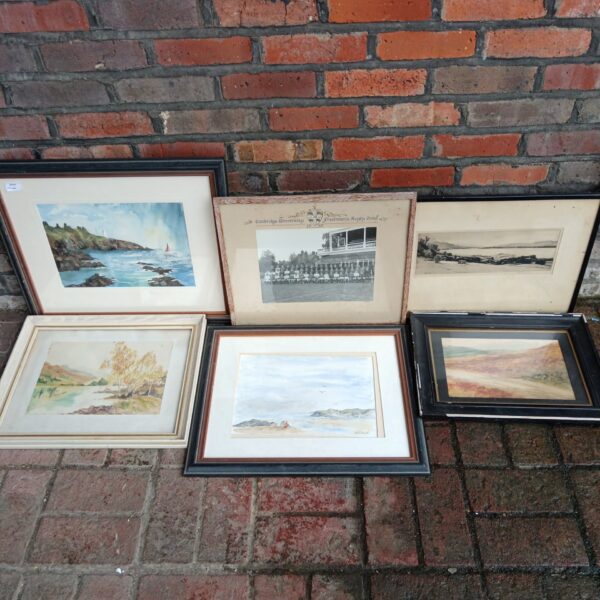 Framed watercolour painting of a coastal landscape with sailboats.