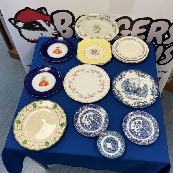 Selection of vintage collectible plates including Royal Albert china.