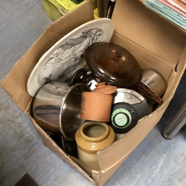 Vintage cooking pots and pans lot in a cardboard box.