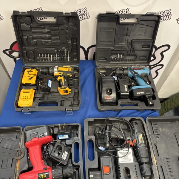 Lot of four cordless drills including Ryobi, ideal for DIY projects.