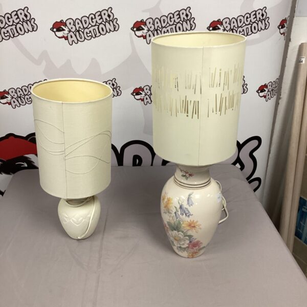 Cream table lamps with floral shades, vintage home decor.