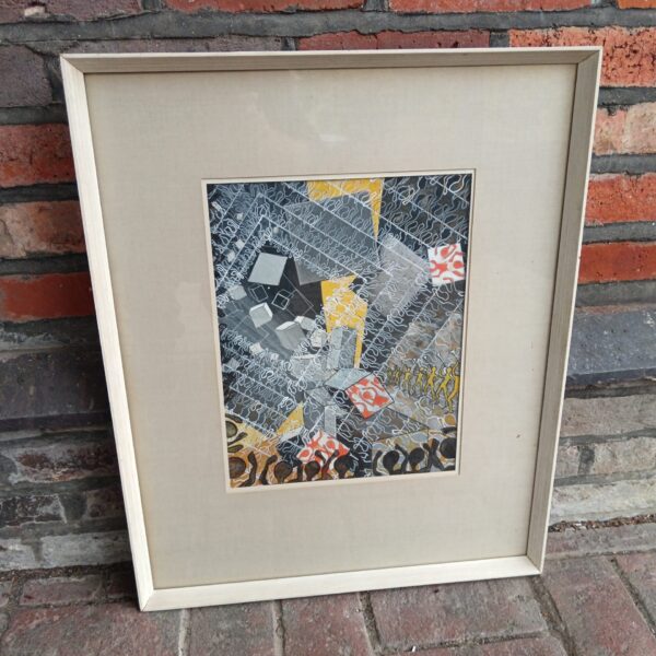 Framed Cubist abstract painting with mixed media and figure study.