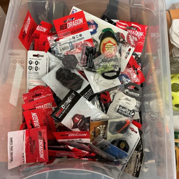 Large lot of colourful dart flights and accessories for game play.