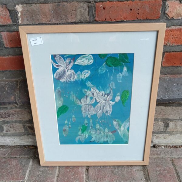 Vibrant David Aldus hummingbird painting with delicate blossom details.