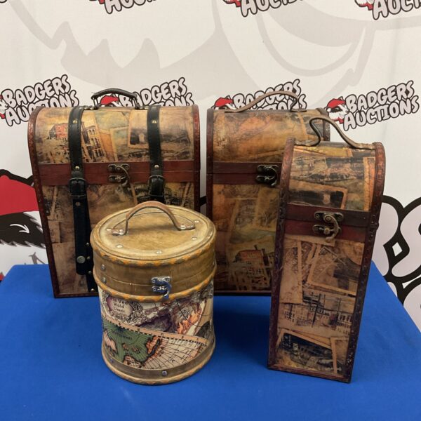 Lot of four decorative wooden wine boxes with vintage map designs.