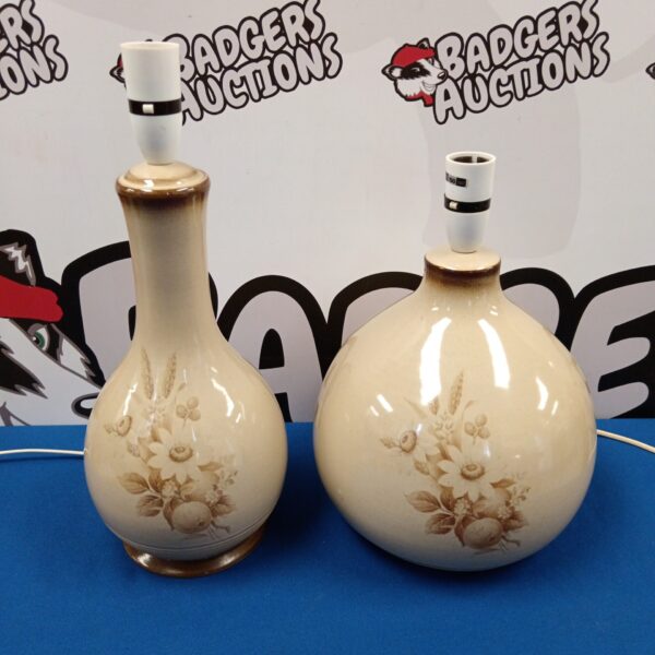 Pair of vintage Denby stoneware table lamps with floral design.