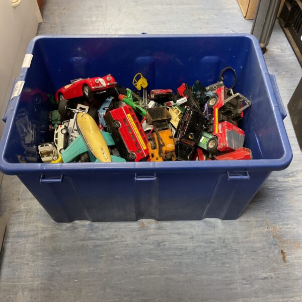 Blue box filled with a large lot of diecast model cars.