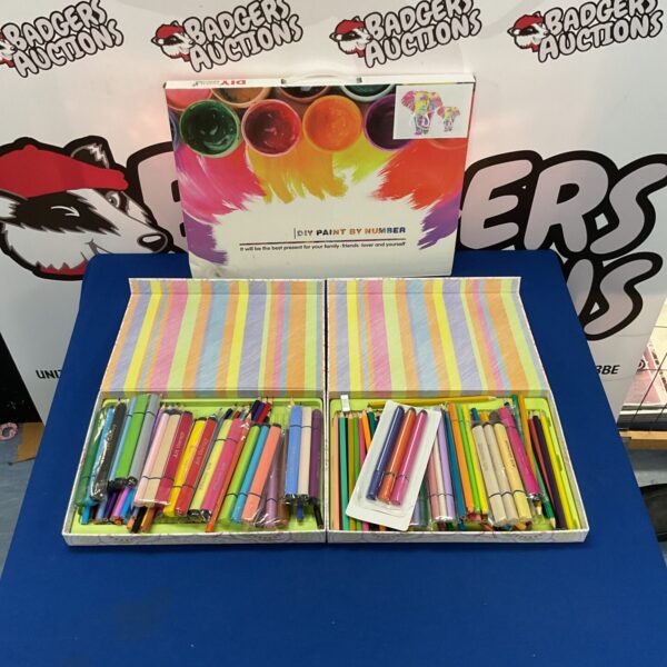 Digital painting canvas set with pencils and pens for art projects.